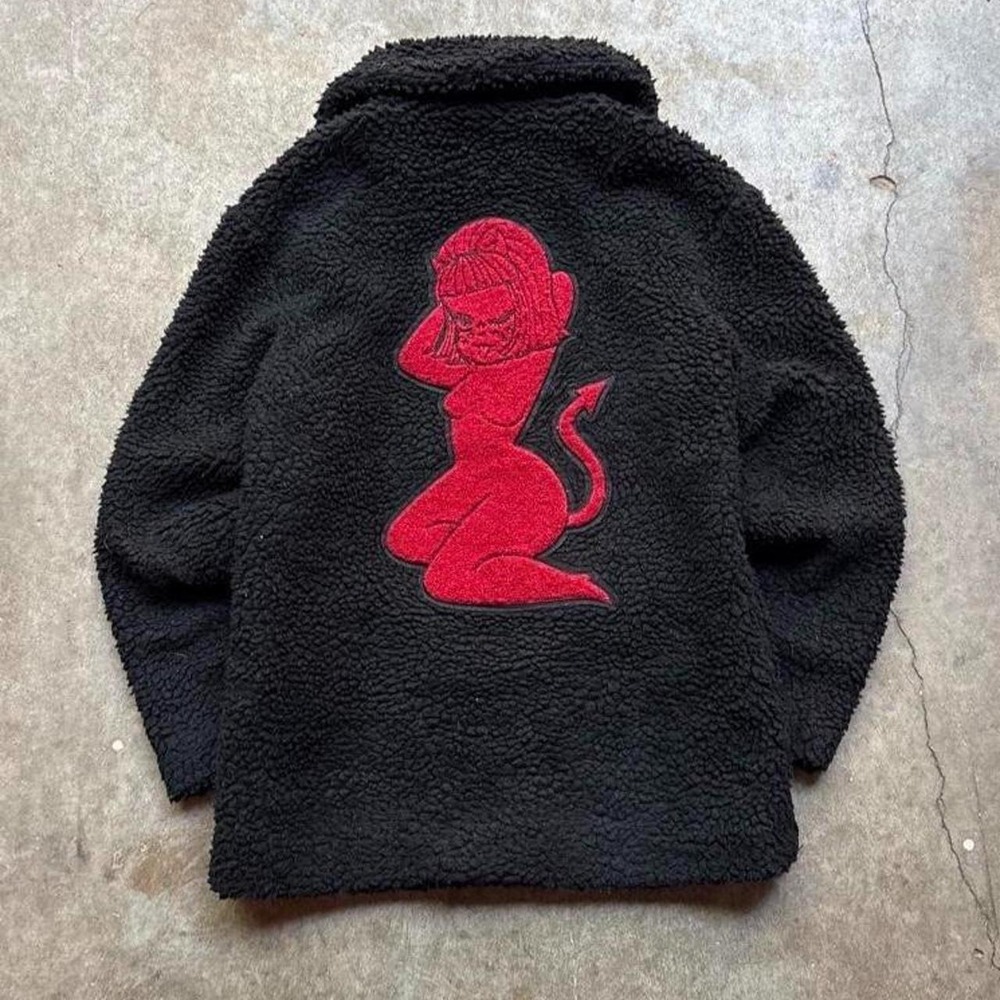 Valfre black fleece jacket red embroidered devil pin-up graphic women's XS